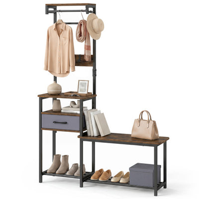 7-in-1 Hall Tree with Shoe Bench and Hooks and Removable Drawer for Entryway-Rustic Brown