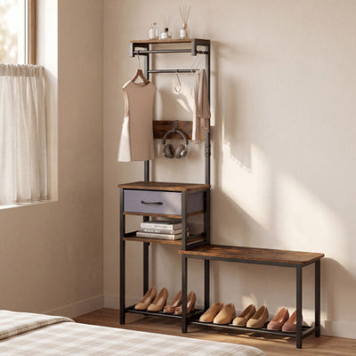 7-in-1 Hall Tree with Shoe Bench and Hooks and Removable Drawer for Entryway-Rustic Brown
