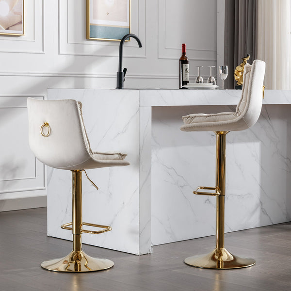 Set of 2 Bar Stools — Chrome Footrest, Swivel Height-Adjustable Velvet Seat, Golden Legs