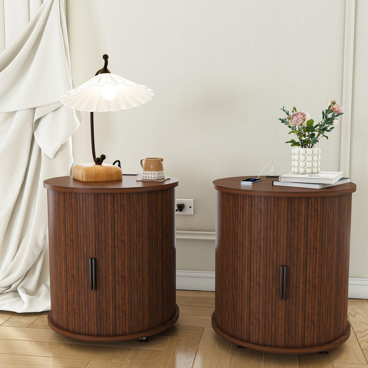Walnut Mid-Century Modern Nightstand Set with Charging Station – Round Side Tables (Set of 2)