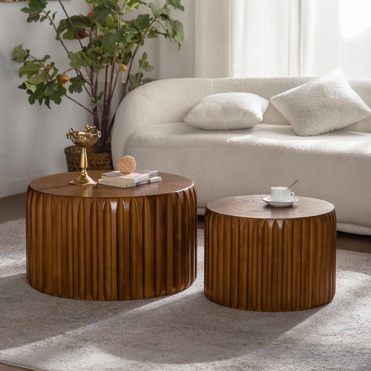 Set of 2nWalnut Fluted Nesting Coffee Table Set – Mid-Century Modern Round Tables