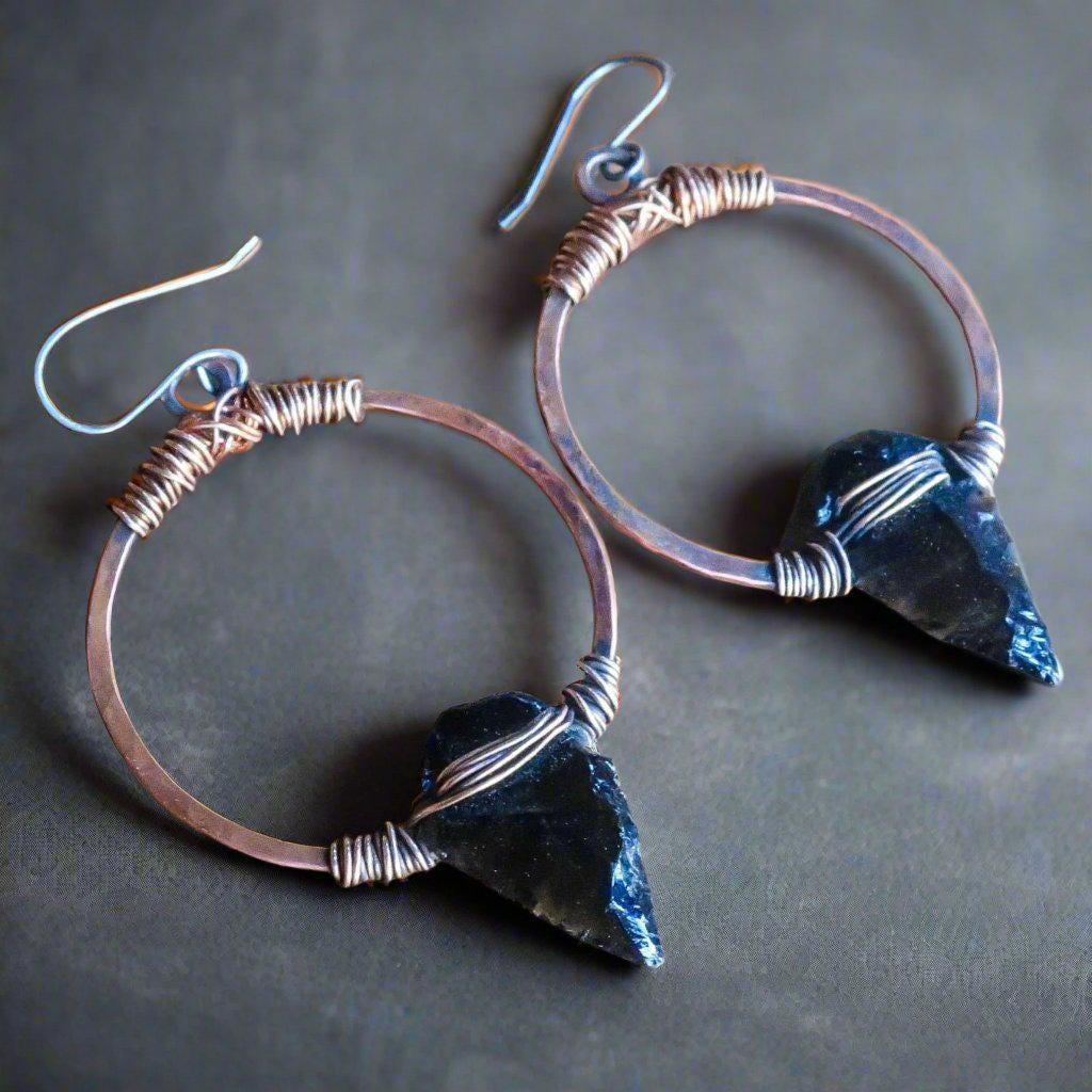 Obsidian Arrowhead Hoop Earrings – Boho | Handmade by Blackbird & Sage