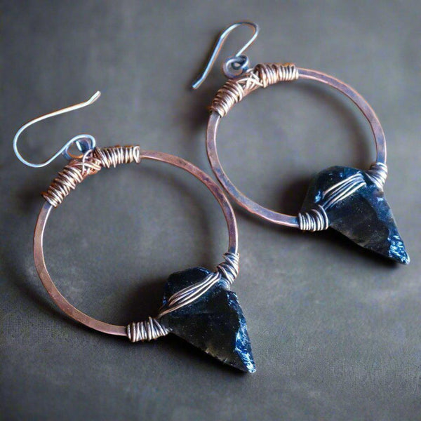 Obsidian Arrowhead Hoop Earrings – Boho | Handmade by Blackbird & Sage