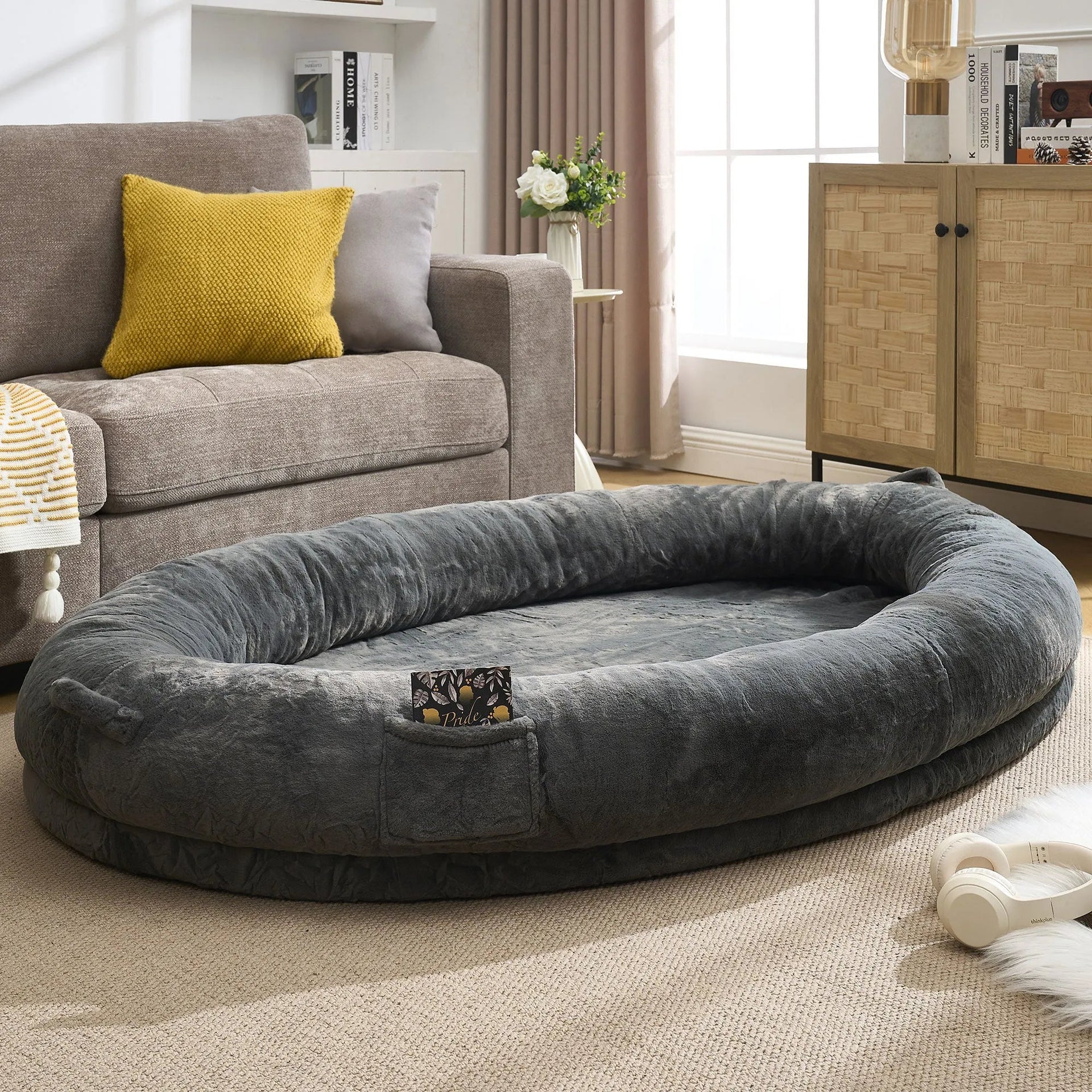 🇫🇷🇪🇪 🇸🇭🇮🇵🇵🇮🇳🇬 Human Dog Bed for Adult, Memory Foam Human Size Pet Bed for Human With Storage Pocket, Dark Gray