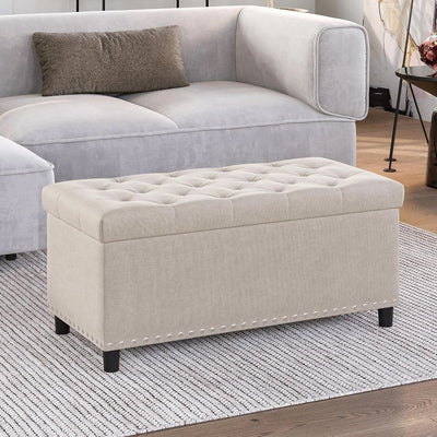 Rectangular Thirty Five Inch Beige Tufted Storage Ottoman Upholstered