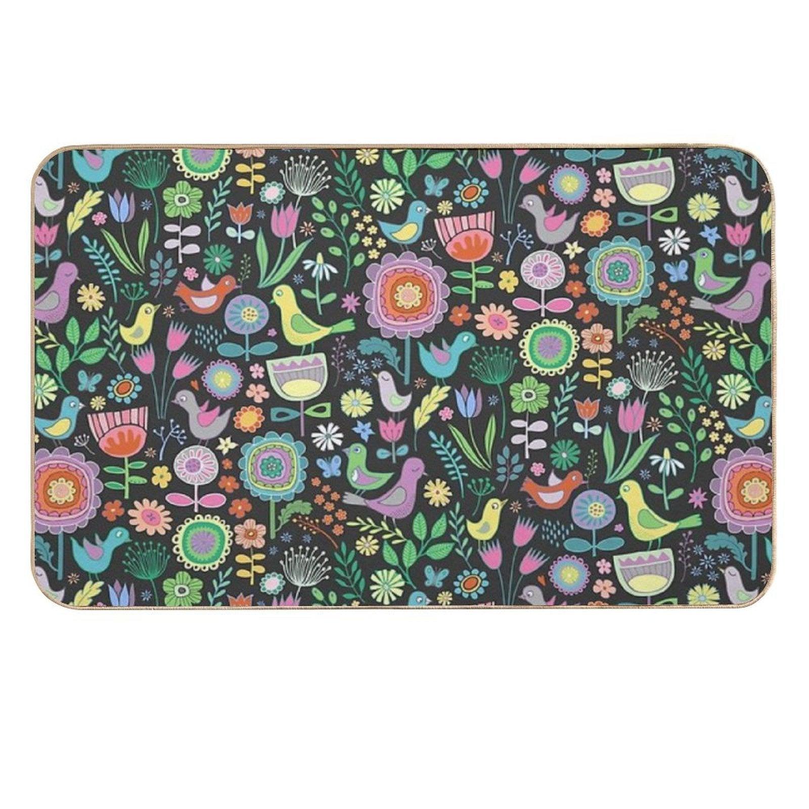 Birds And Blooms - Pastels on Black - Pretty Floral Bird Pattern by Cecca Designs  Rapid-Drying Bath Mat