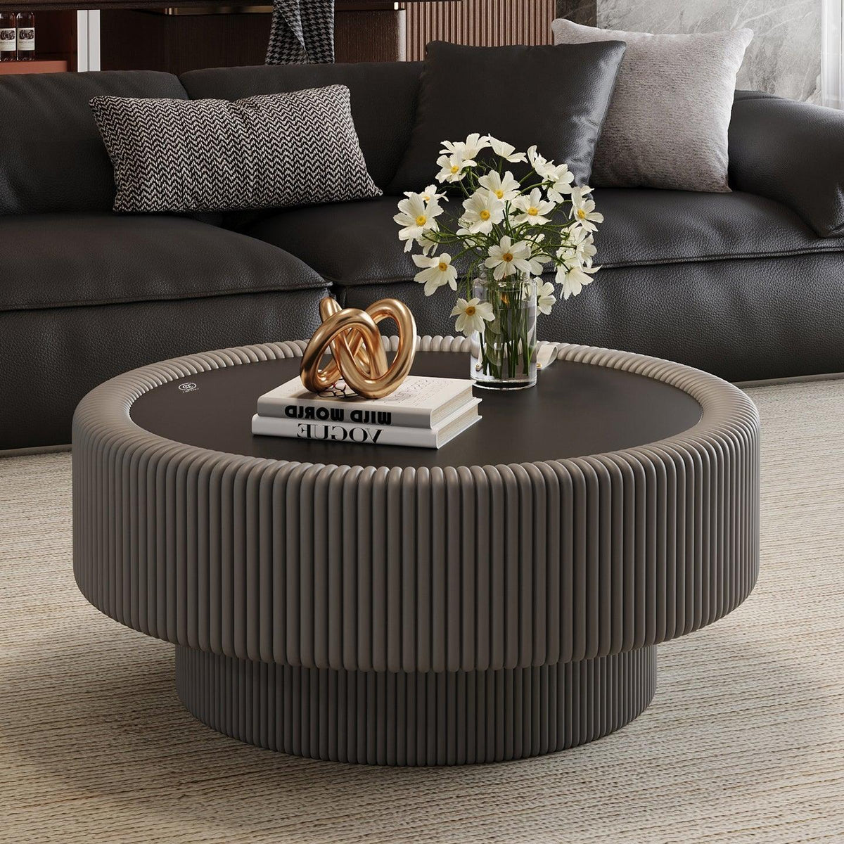 Modern Round Coffee Table with Tempered Glass, Storage – Fluted Leather Design
