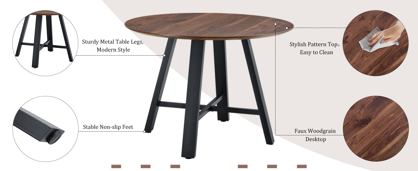 Modern minimalist round dining table and coffee table. 42 Inch Diameter MDF Table Top, Deep Wood Grain Table Top, Black Metal Legs, Fits Home & Office F-1172