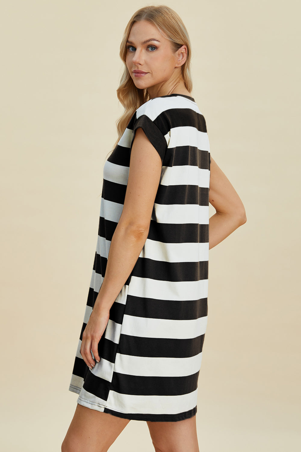 Full Size Striped Round Neck Cap Sleeve Mini Dress For Women – Striped Mini Dress, Full-Size Round Neck Dress, Comfortable Cap Sleeve Dress, Chic Striped Dress, Flattering Mini Dress, Casual Everyday Dress, Versatile Striped Dress
