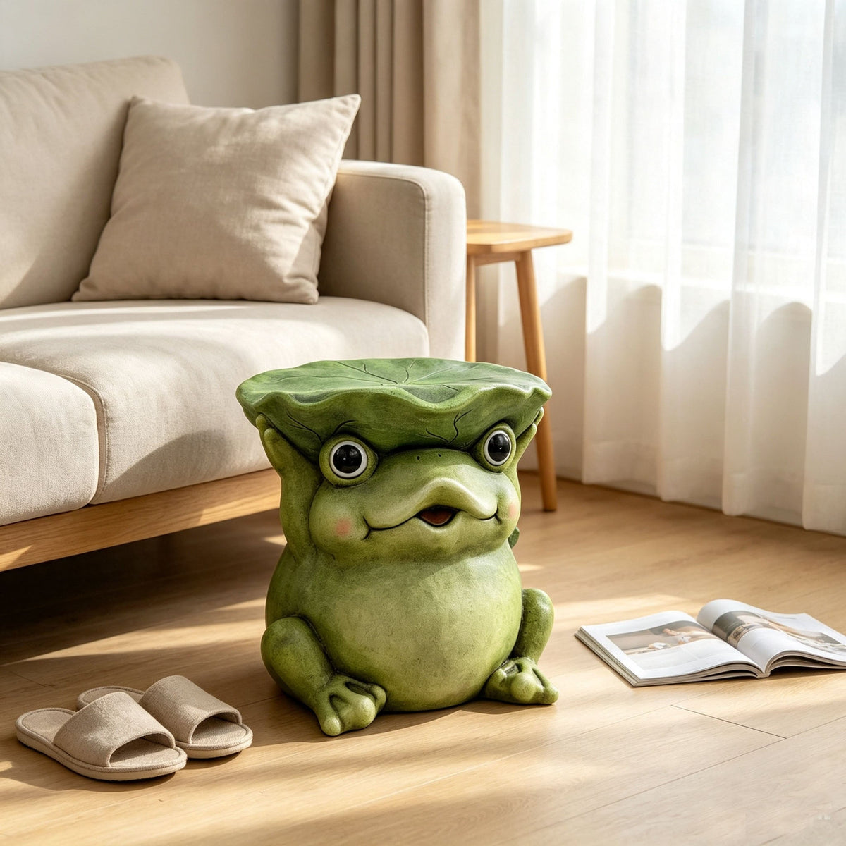 12'' Cute Frog Statue With Lotus Leaf Hat