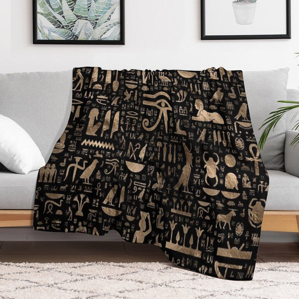 Ancient Egyptian Hieroglyphs - Black And Gold Quick-dry Throw Blanket