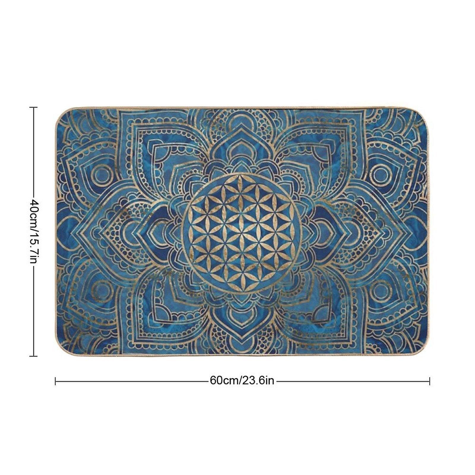 Flower of Life in Lotus Mandala - Blue Marble And Gold Bath Mat