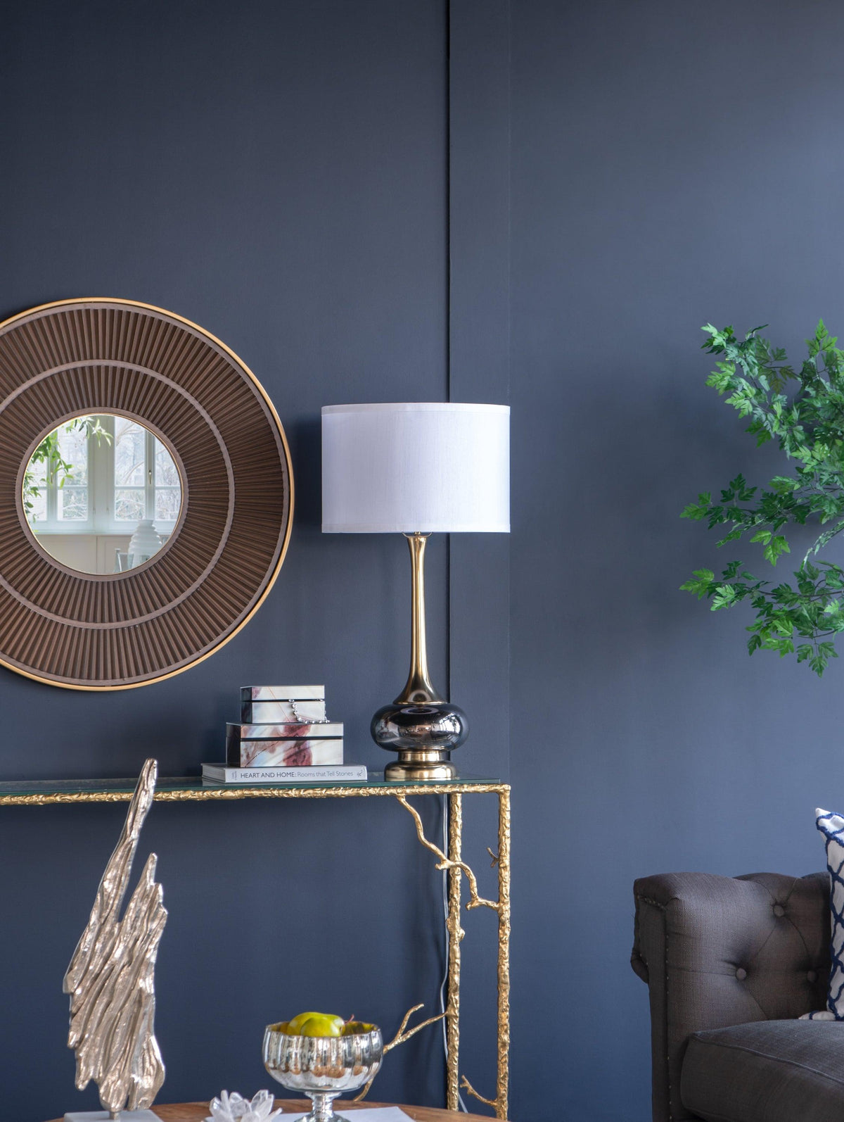 Modern Glass Table Lamp with Gold Accents & White Drum Shade