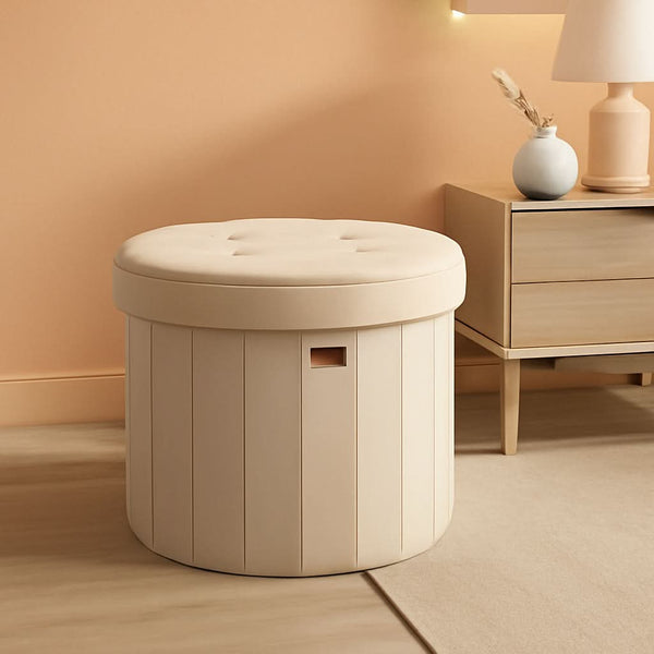 Round Folding Storage Ottoman Cappuccino Beige Velvet