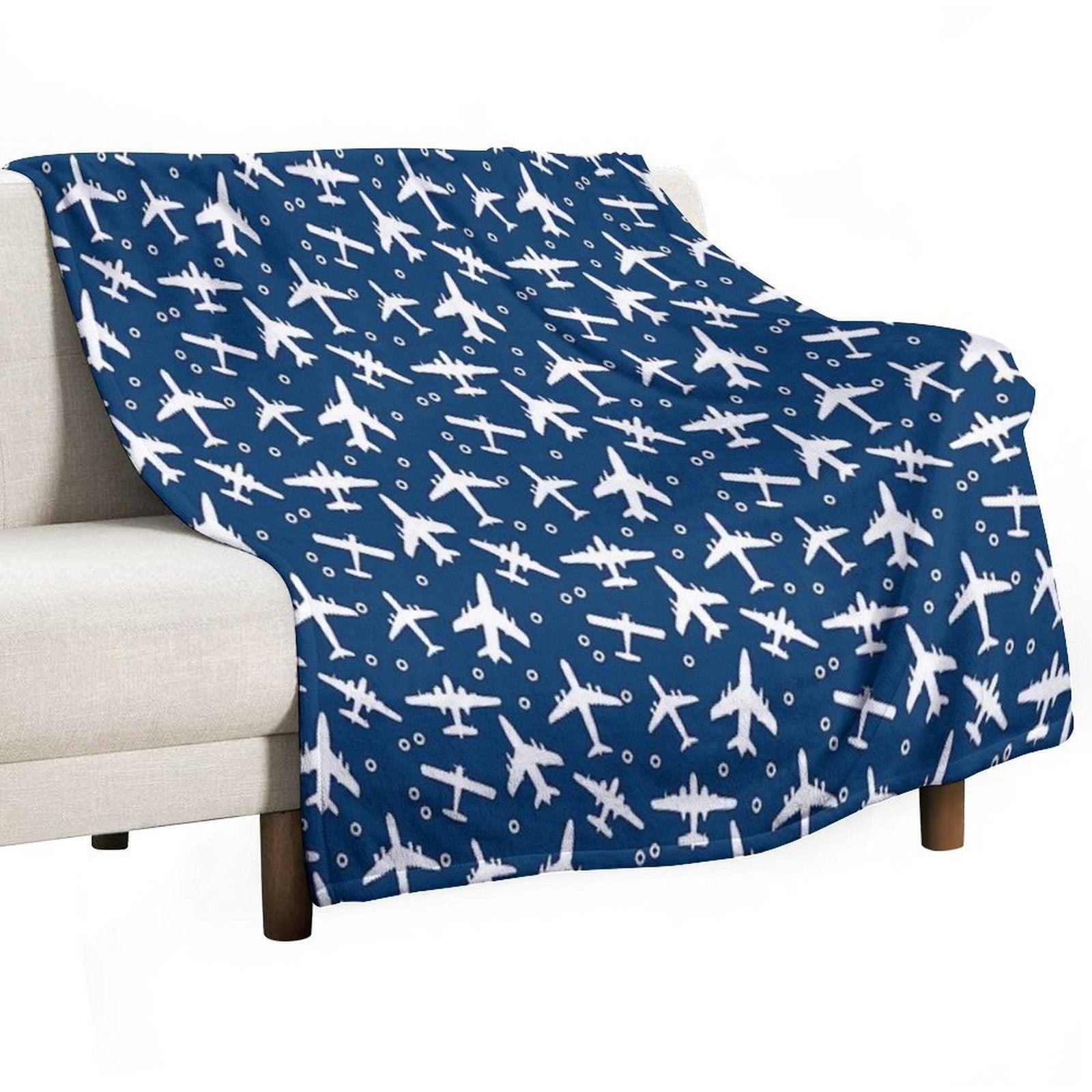 Blue And White Aeroplanes Silhouette Pattern Throw Blanket