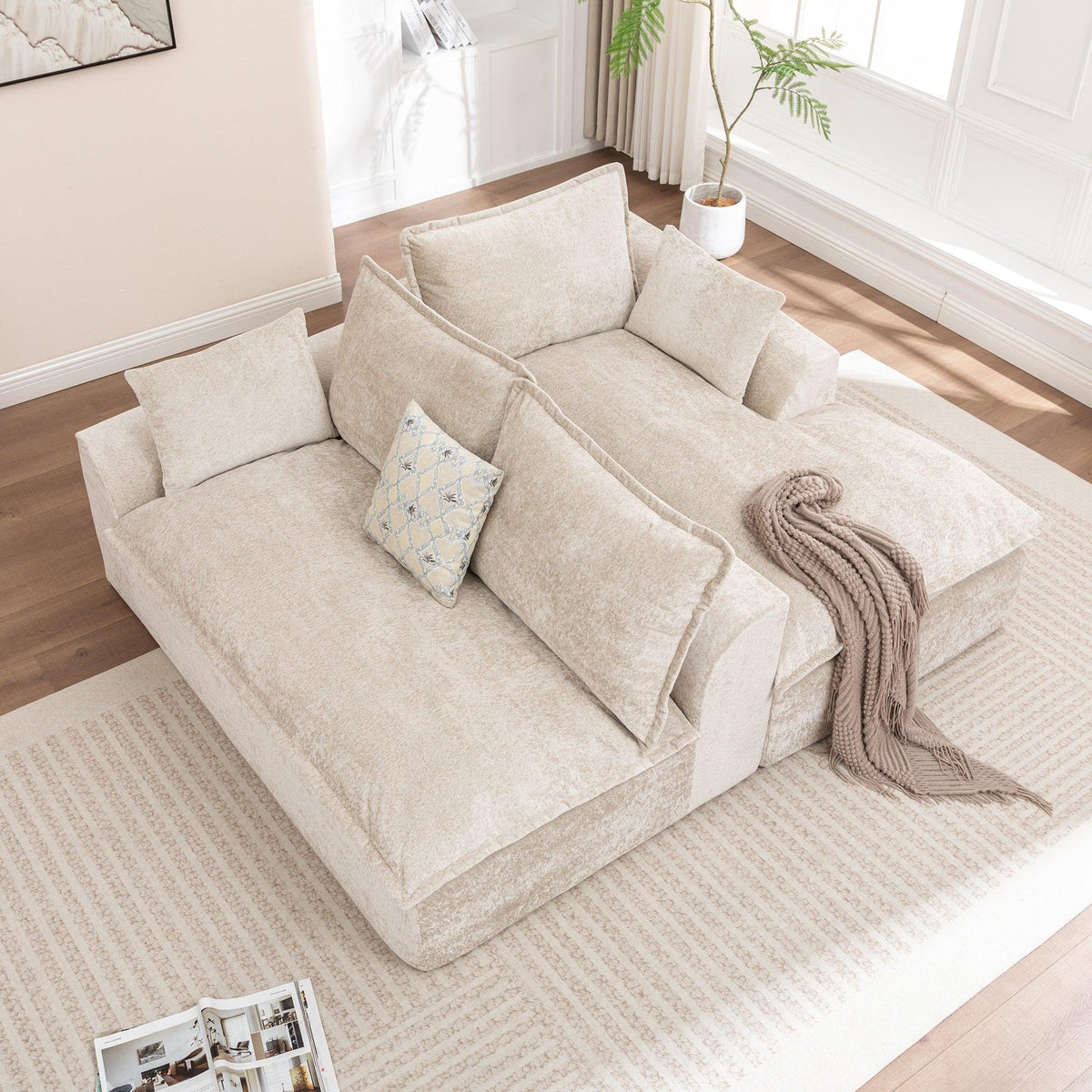 Ivory Chenille L‑Shaped Modular Sectional Compressed Sofa