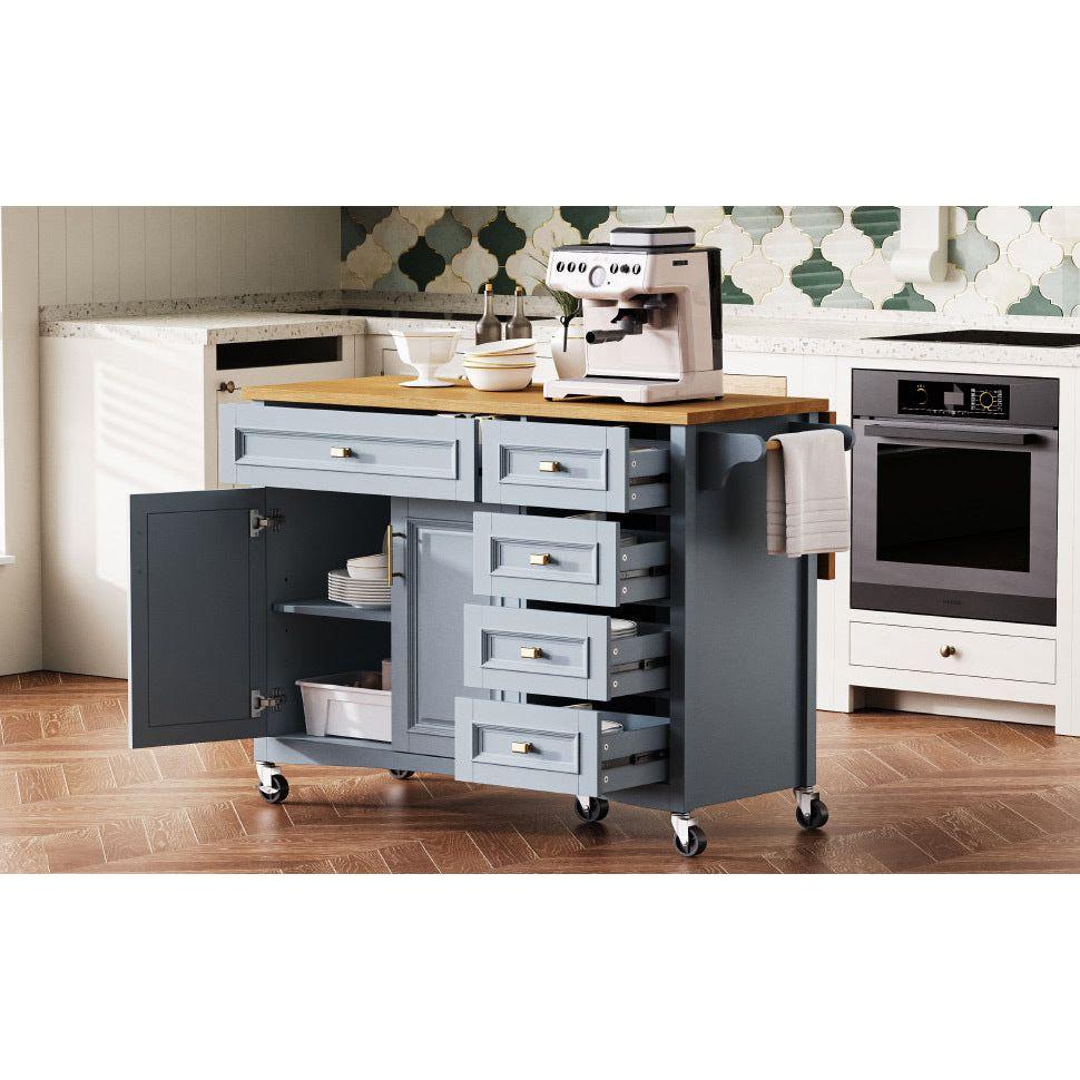 K&K 52'' Kitchen Island with Drop Leaf, Embossed Texture Kitchen Island on Wheels with Spice Rack, Towel Rack, 2 Doors and 5 Drawers, Kitchen Storage Cart with Adjustable Shelf for Kitchen, Blue Grey