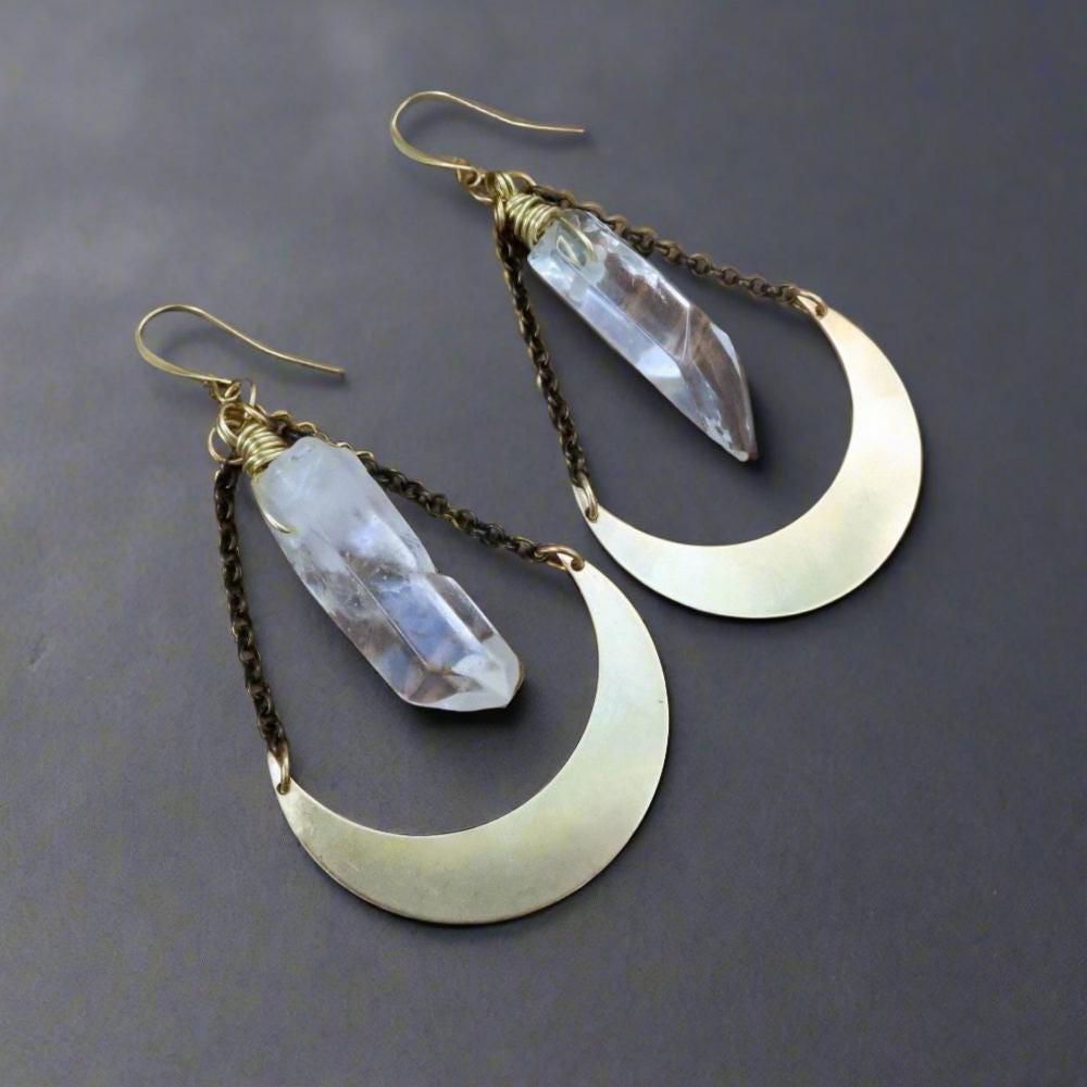 Quartz Point Earrings in Brass - Moon | Handmade by Blackbird & Sage