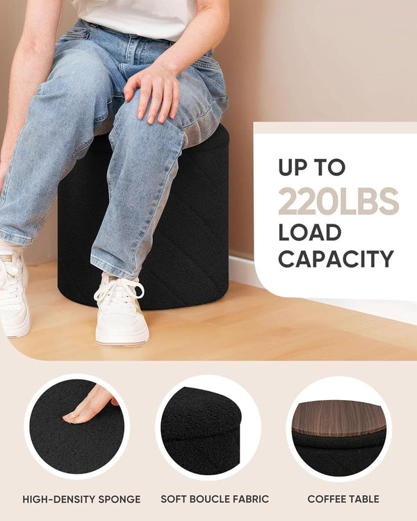 Luxurious Black Boucle Storage Ottoman 12 In Diameter Tray