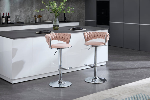 Set of 2 Bar Stools with Chrome Footrest & Base Swivel Height Adjustable Velvet