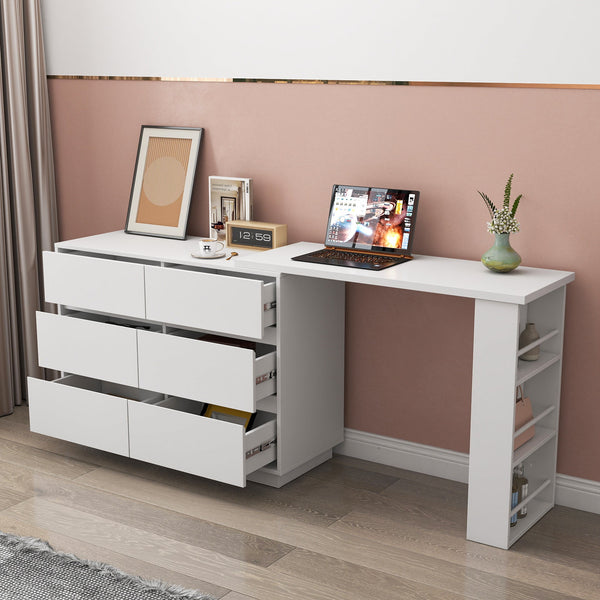 L-Shaped Desk and Vanity Combo with 6 Drawers, Extendable Tabletop, and Large Capacity Storage for Office and Bedroom Makeup