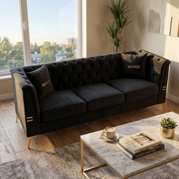 Black Velvet 3‑Seat Sofa