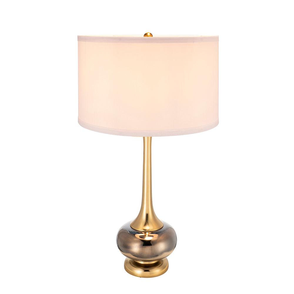 Modern Glass Table Lamp with Gold Accents & White Drum Shade