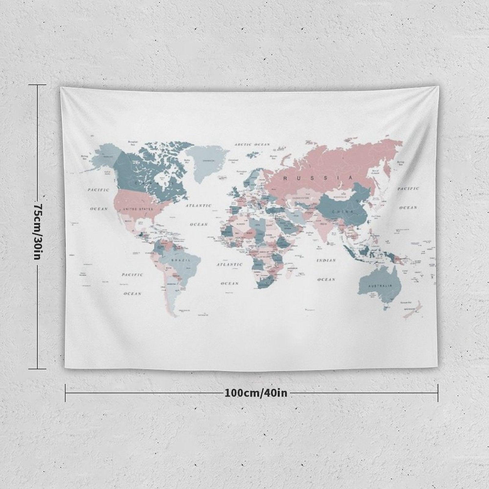 Map of The World in Pink And Blue Tapestry
