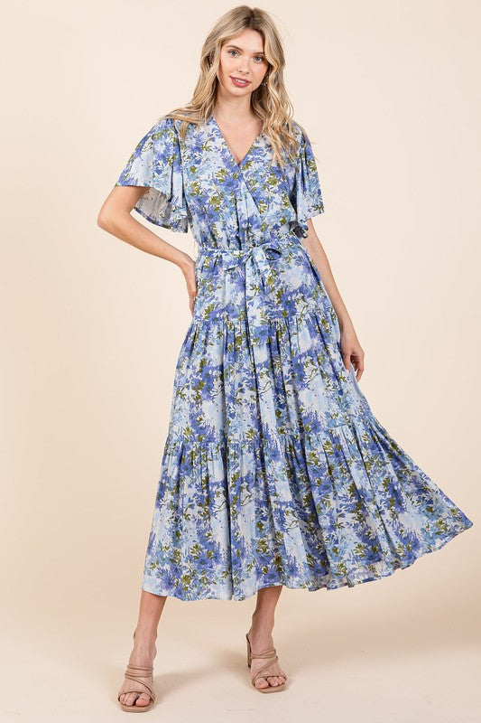 New Summer Floral Tie Waist Flutter Sleeve Tiered Dress For Women – Feminine, Elegant, Cheerful, Bohemian Chic, Flowy & Graceful