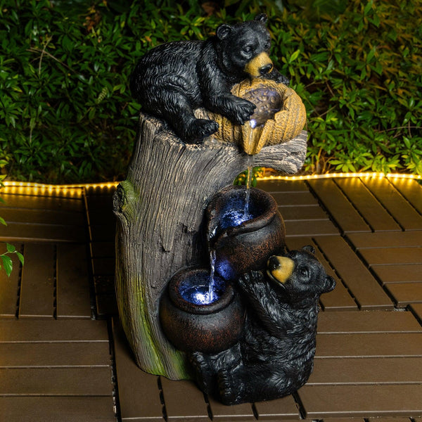 Resin Black Bear Outdoor Water Fountain with LED Lights
