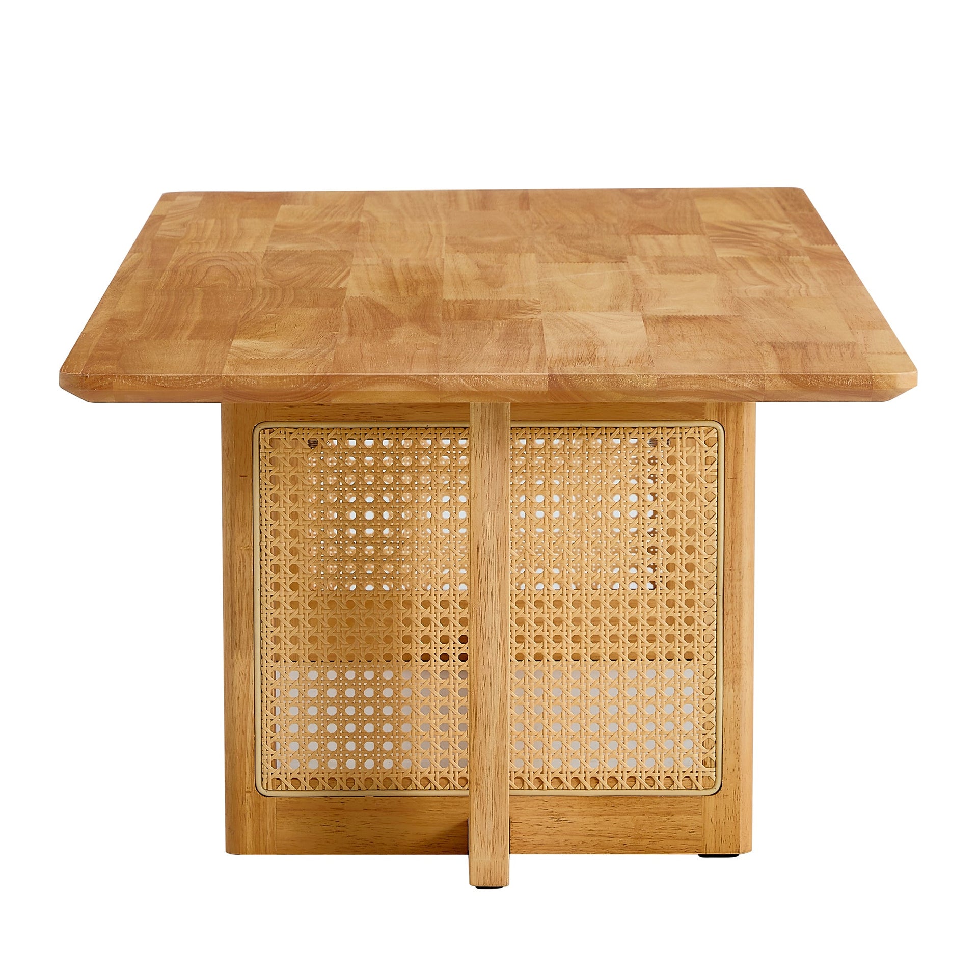 Natural Rubberwood and Solid Wood Coffee Table with Rattan Weave, Modern Minimalist