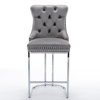Counter Height Velvet Bar Stools with Button Back & Rivet Trim Upholstered Seats