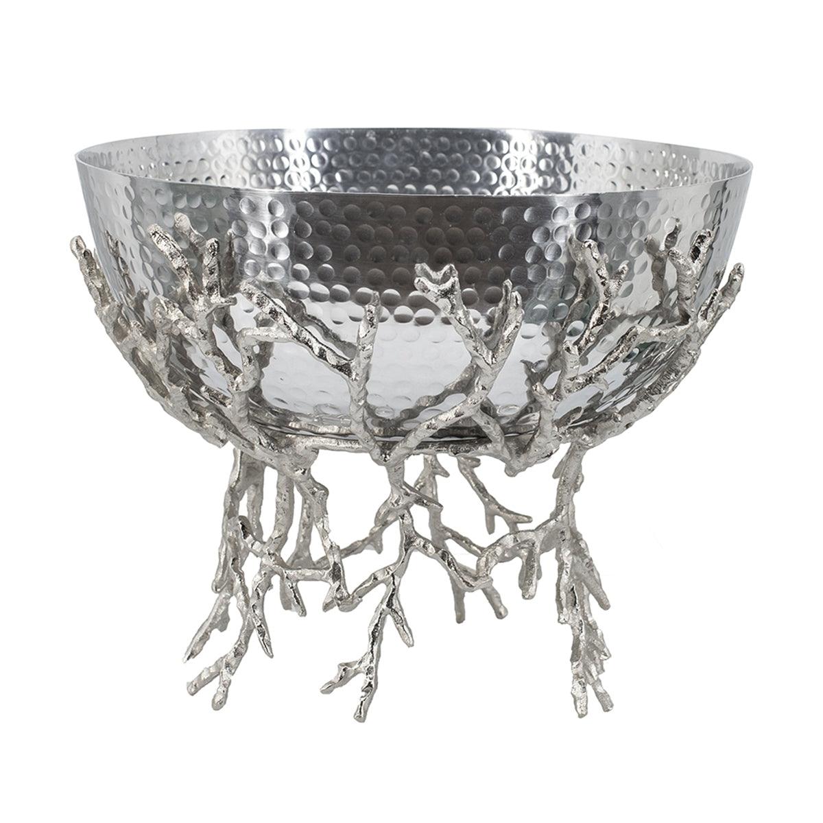 Silver Aluminum Decorative Pedestal Bowl with Sculptural Branch Base – Modern Centerpiece