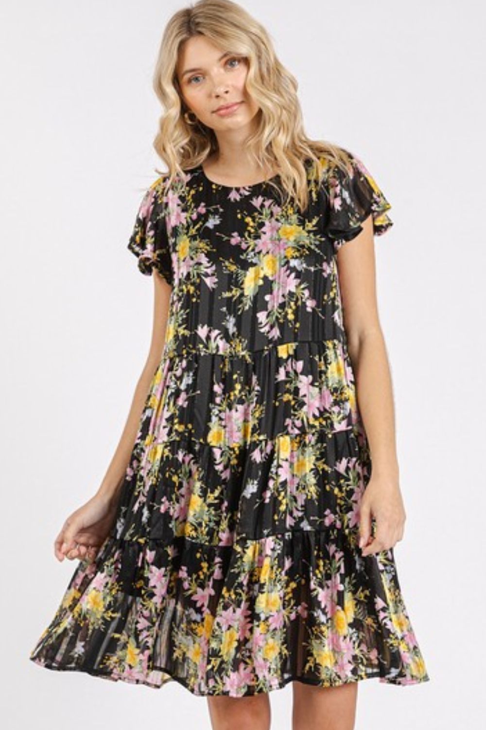 New Summer Flower Print Round Neck Flutter Sleeve Tiered Dress For Women – Feminine, Trendy, Romantic & Flattering Design