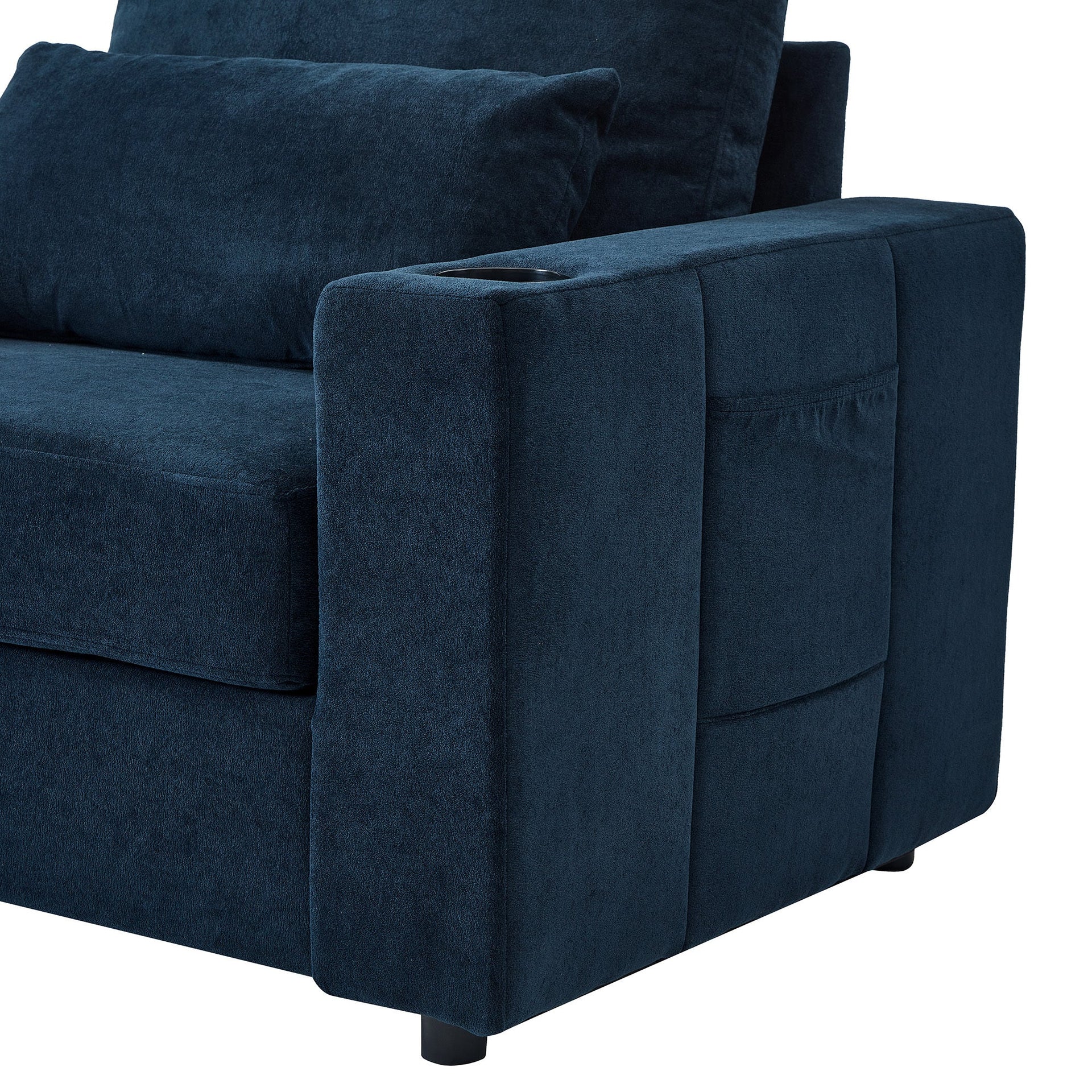 Modern Style Armchair Chaise Lounge  with Movable Storage Ottoman, USB Ports, and Cup Holders