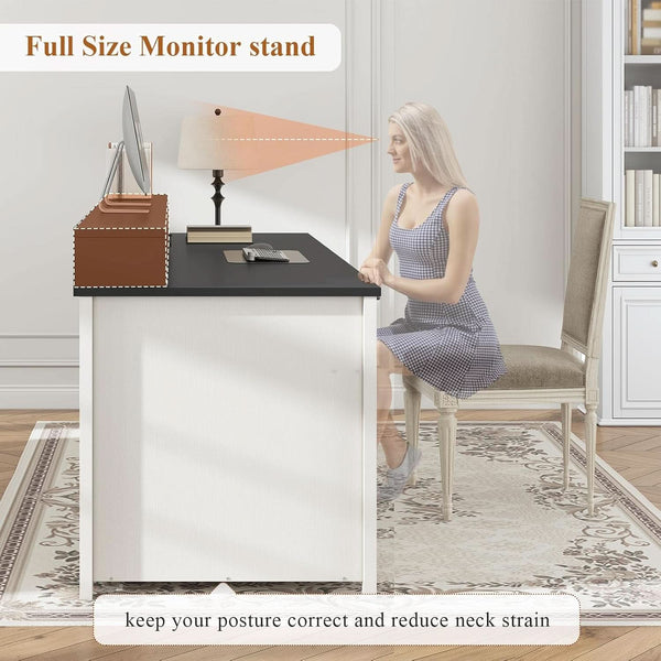 63 Inch Wide White Solid Wood Executive Desk With Drawer