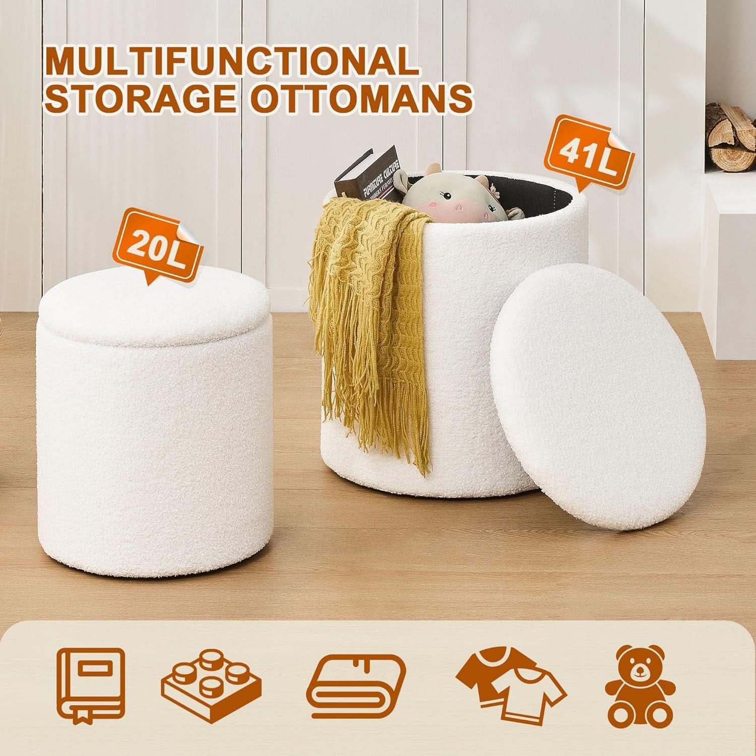 White Round Boucle Velvet Upholstered Storage Ottoman