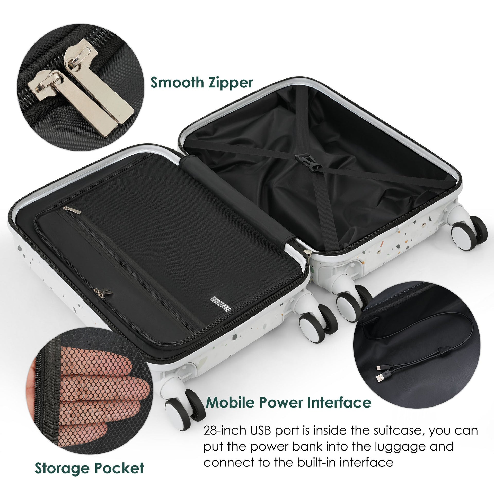 Luggage Set of 3, 20, 24, 28inch with USB Port, 20, 24inch with front opening design Airline Certified Carry on Luggage with Cup Holder, ABS+PC Hard Shell Luggage with Spinner Wheels, starry sky white