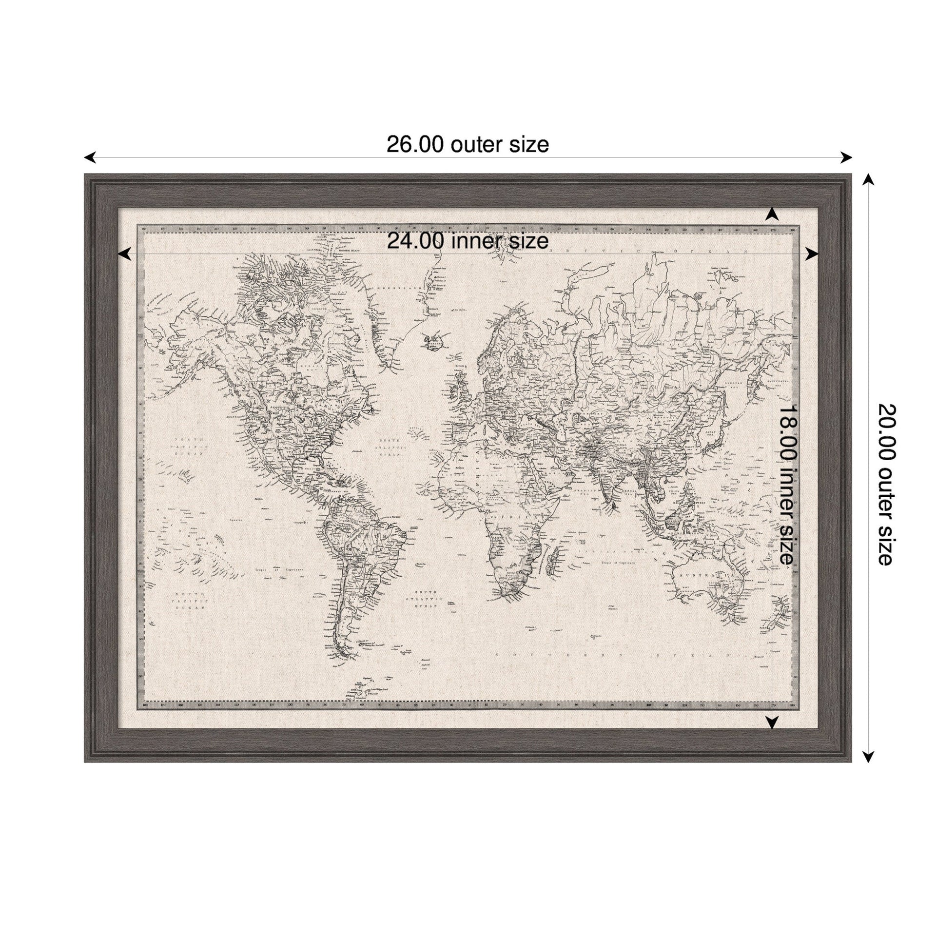 Framed Fabric Pinboard Vintage Black and White Linen World Map Wall Organization