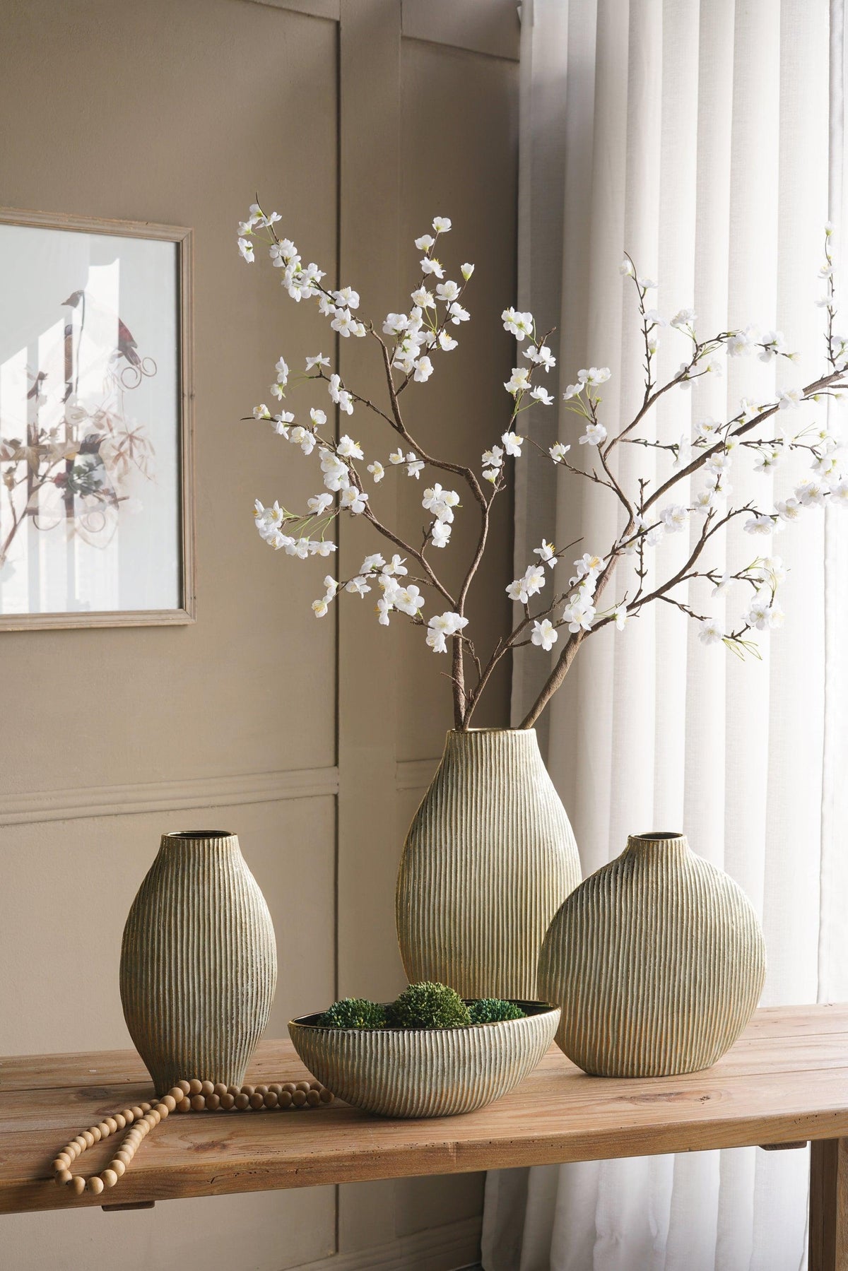 Gold Ribbed Ceramic Floor Vase