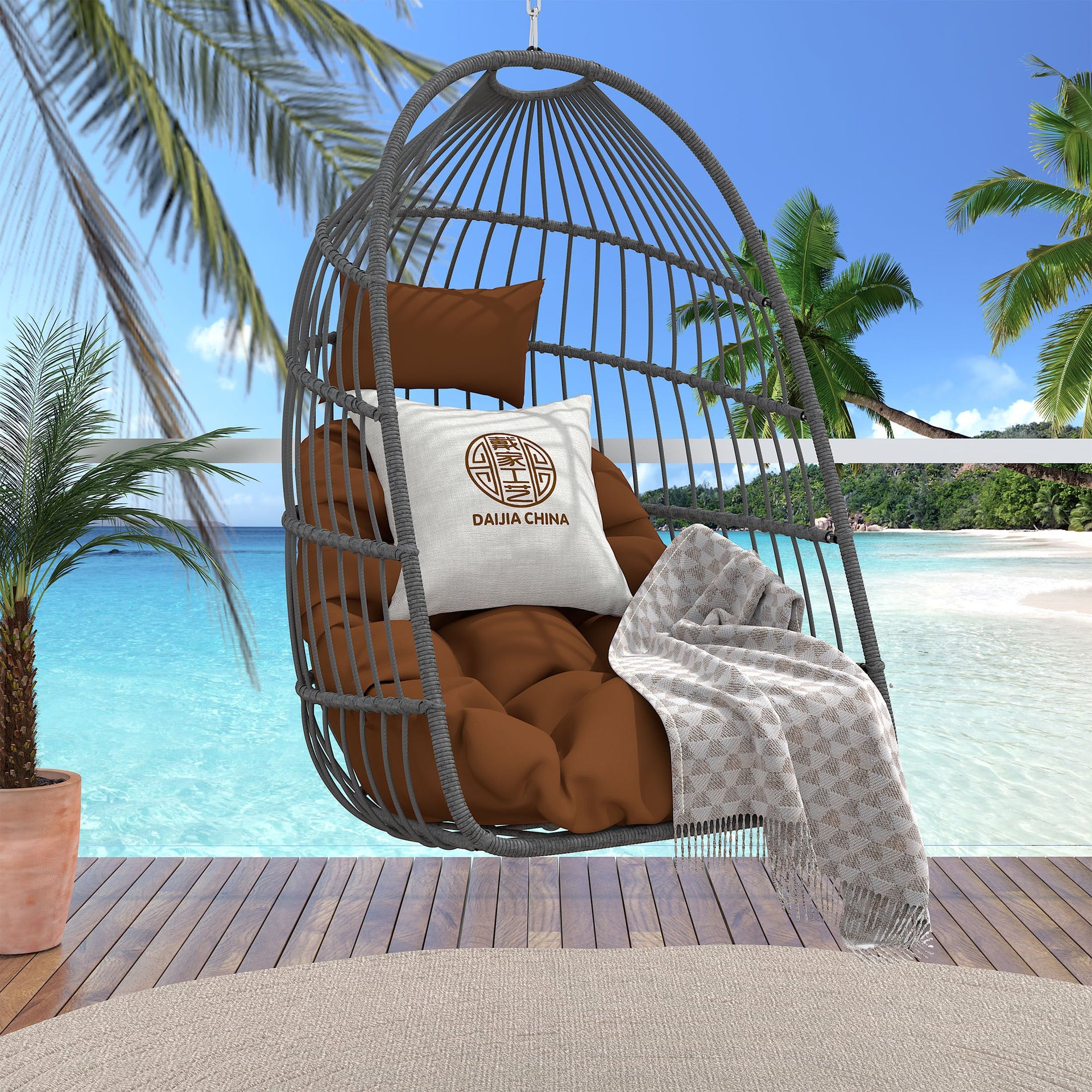 Outdoor Garden Rattan Egg Swing Hanging Chair PE Wicker Hanging Chair for Outdoor Patio