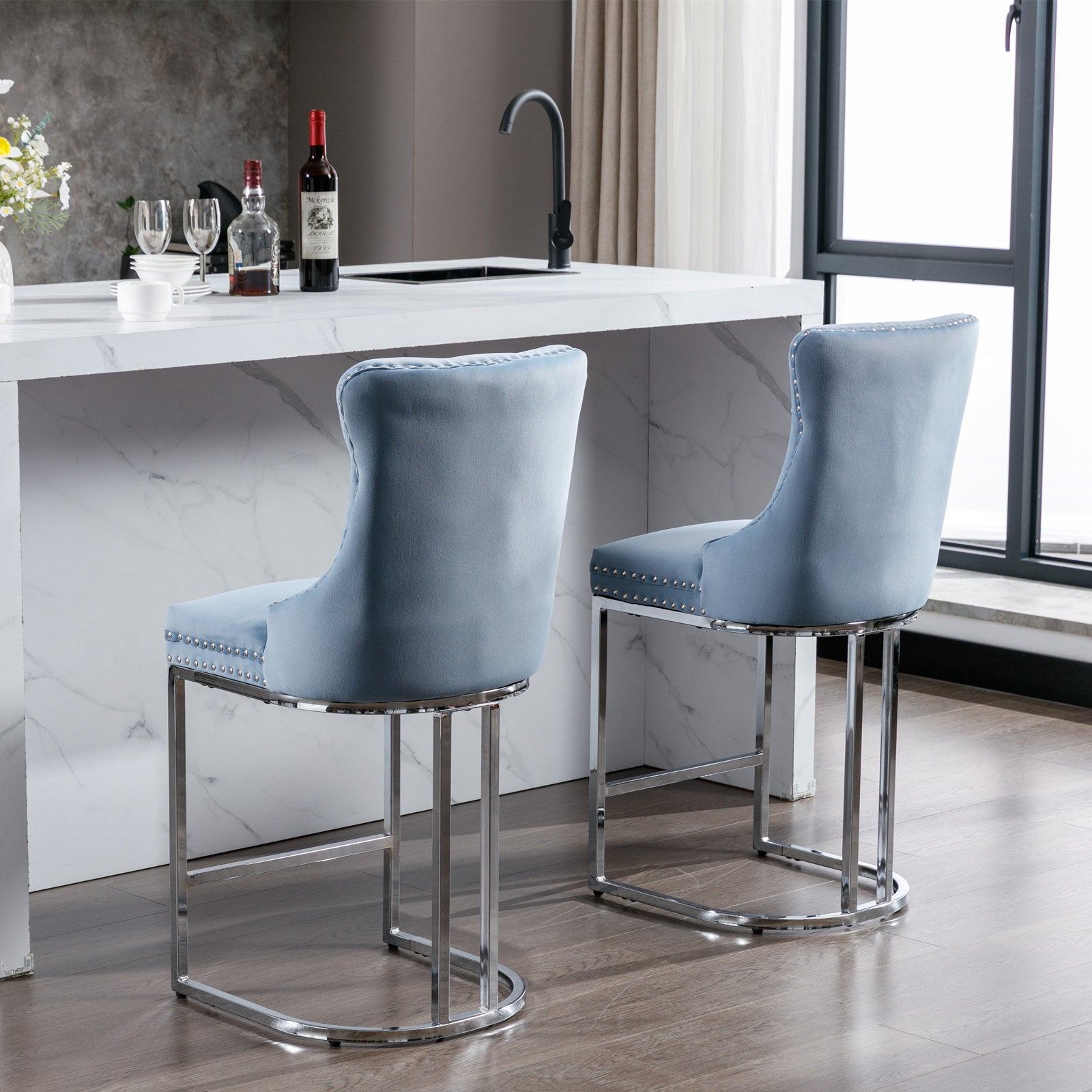 Set of 2 Light Blue Velvet Wing‑Back Bar Stool Set