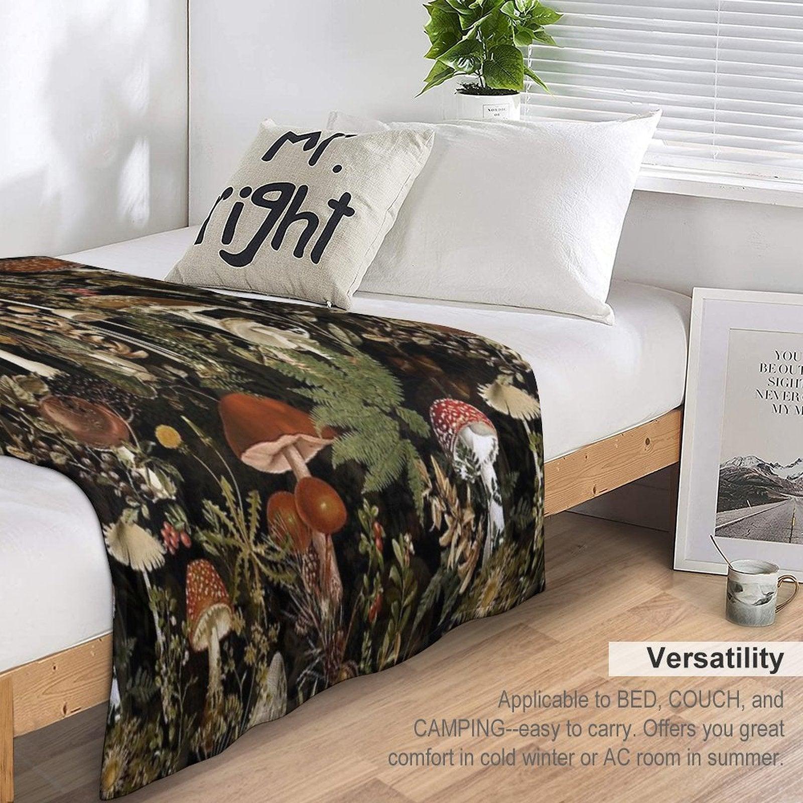 Vintage Midnight Mushrooms Forest Botanical Night Garden Pattern - Black Nightgarden Throw Blanket