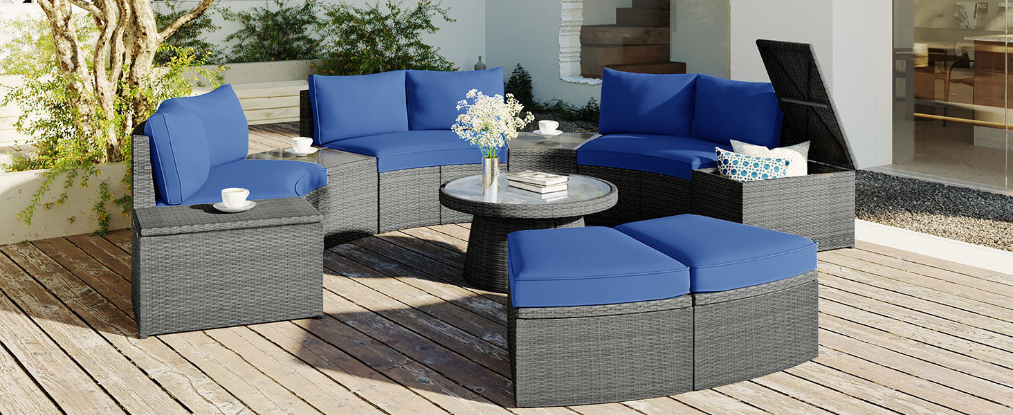 10-Piece Outdoor Sectional Half Round Patio Rattan Sofa Set, PE Wicker Conversation Furniture Set for Free Combination, Blue
