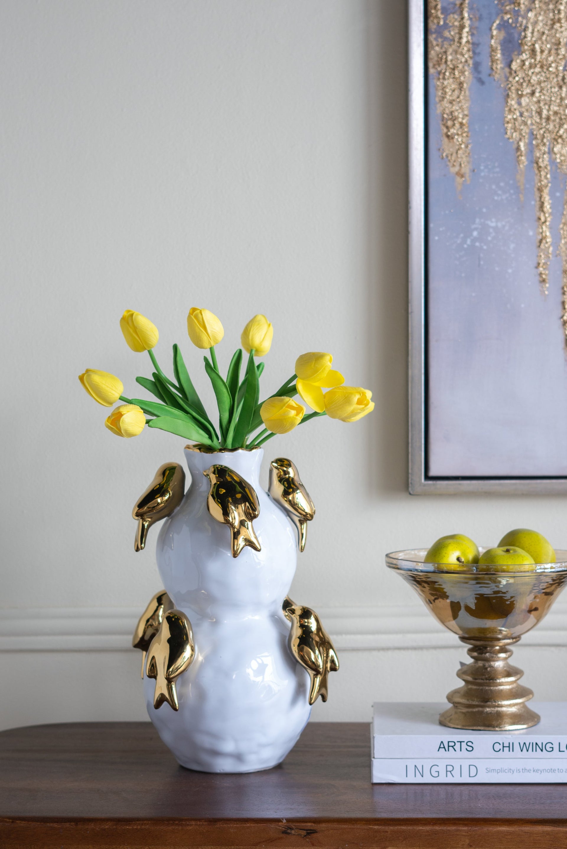 White Ceramic Vase with Gold Bird Accents