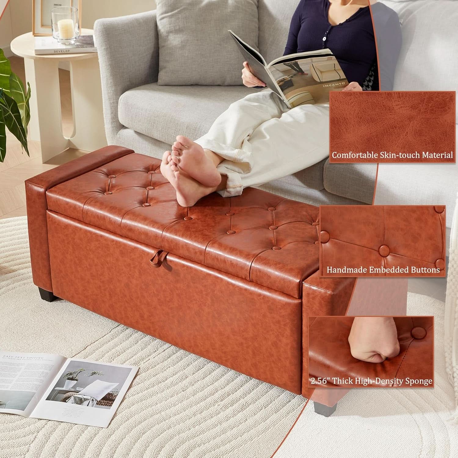 Storage Ottoman Tufted Leather Reddish Brown Bench