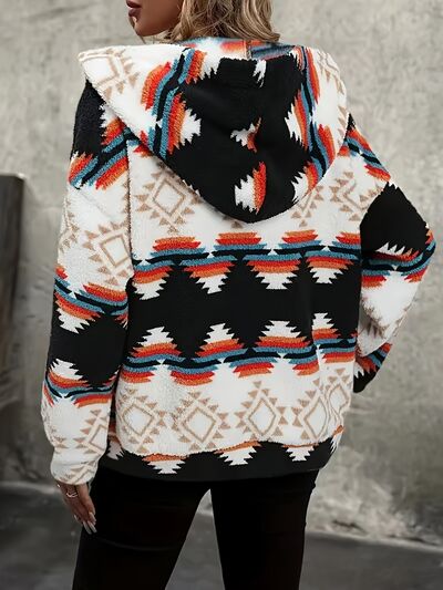 Modern Women Geometric Zip-Up Sherpa Jacket With Hood And Pockets Stylish Winter Jacket
