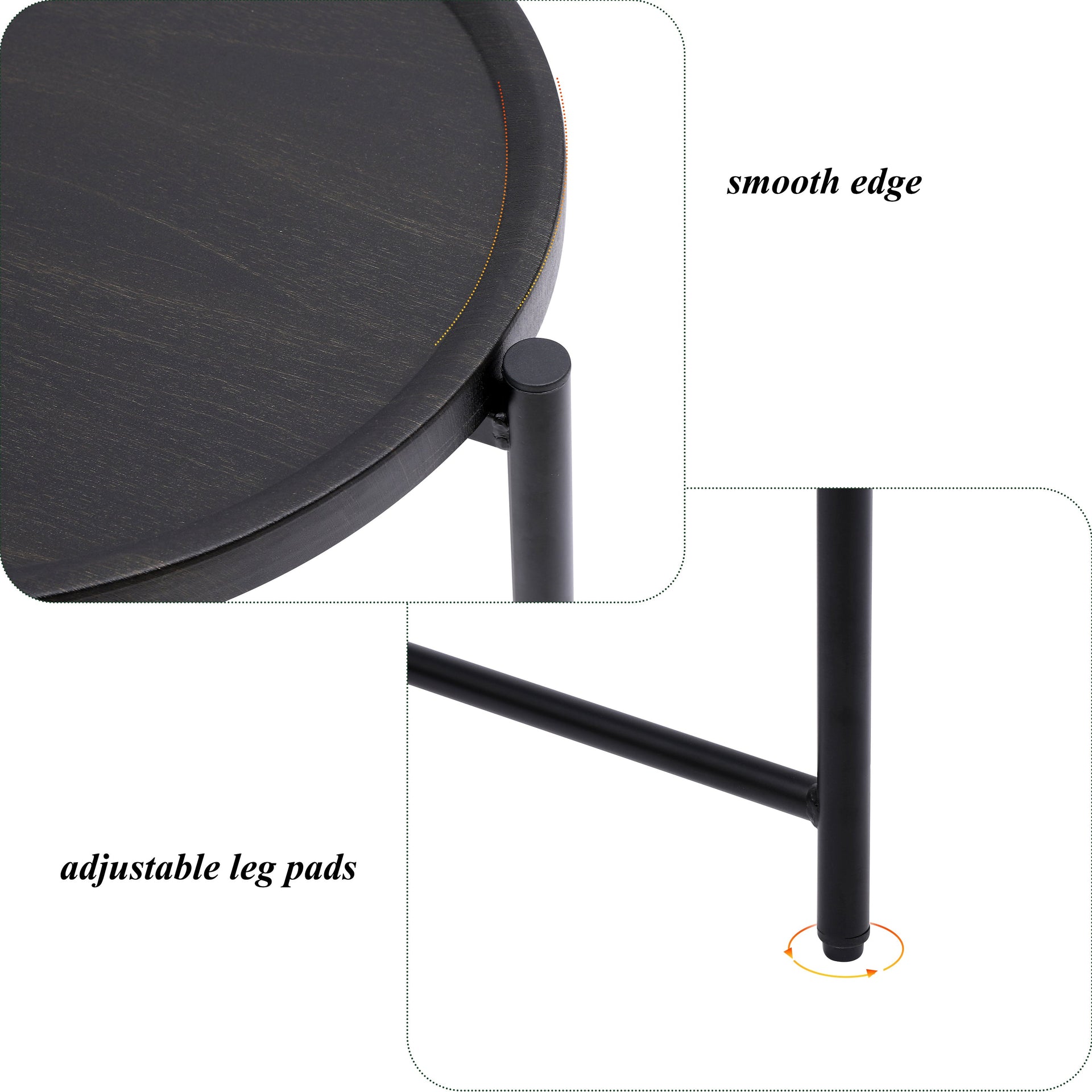 Detail of smooth edge and adjustable leg pads on the Round Coffee Table with Storage Tray for stability on uneven floors.