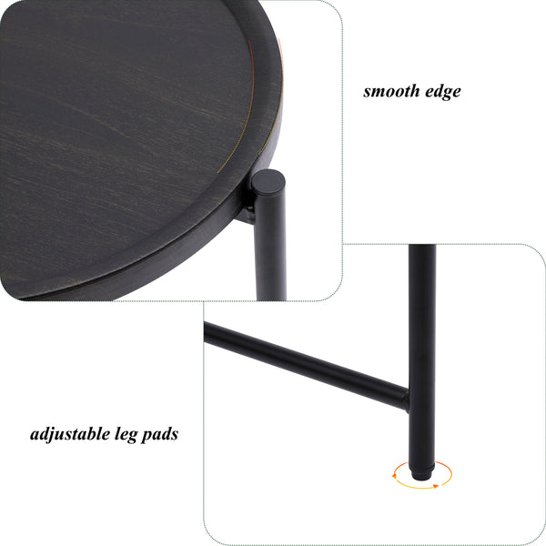Detail of smooth edge and adjustable leg pads on the Round Coffee Table with Storage Tray for stability on uneven floors.