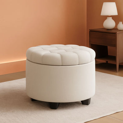 Round Ottoman With Durable Storage Linen-Look Beige